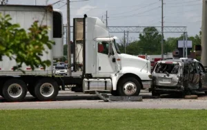 A truck collides with a car in a T-bone crash.